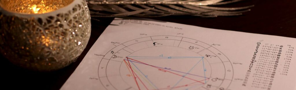 A warm, candlelit setting featuring an astrology natal chart, perfect for divination themes.