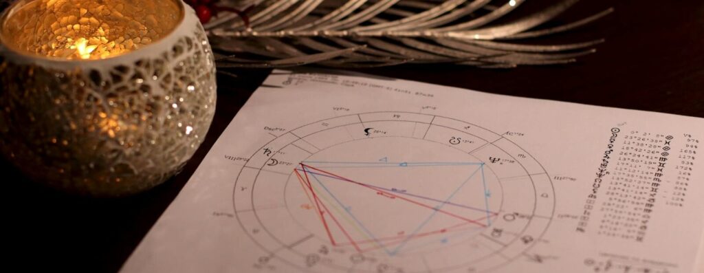 A warm, candlelit setting featuring an astrology natal chart, perfect for divination themes.