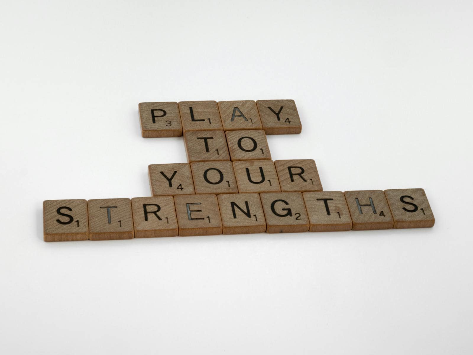 Cosmic Path, Astrology, Motivational message 'Play to Your Strengths' made from wooden Scrabble tiles on a white background.