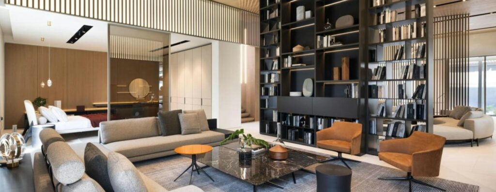 Modern living room with large bookshelf and comfortable seating. Astrology, Feng Shui, Astrostyle