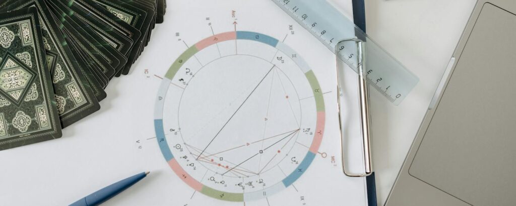 Flat lay of astrology tools, including tarot cards and a natal chart, on a desk.